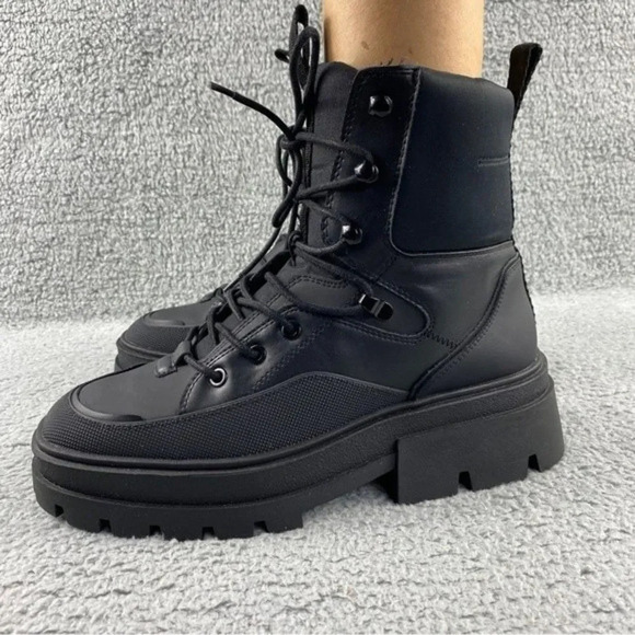 ZARA CHUNKY Ankle Womens‎ 9 Boots Black Combat Shoes Lace Up Platform Wedge - Picture 5 of 16